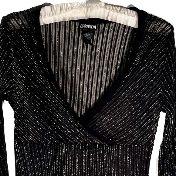 Baranda Black and Silver Faux Wrap Dress Shirt. Long Sleeve Stretchy. Size XL - Picture 8 of 12